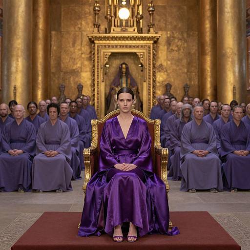 Photograph of a fashion show: A woman in a deep purple satin dress sits on an ornate gold throne, surrounded by seated audience members in gray