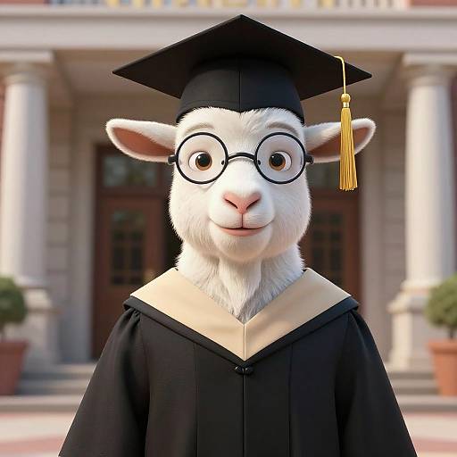CGI cartoon of a white-furred sheep wearing a black graduation cap with a yellow tassel, round glasses, and a black gown, standing in