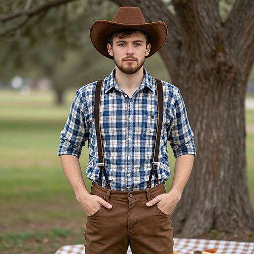 Photograph of a bearded man in a brown cowboy hat, blue plaid shirt, brown suspenders, and brown pants, standing with hands in
