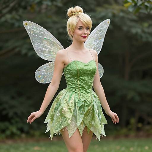 Photograph of a blonde woman dressed as a green fairy with translucent wings, wearing a leafy, green, strapless dress, standing in a forest