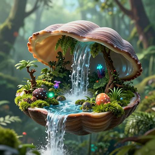 Digital fantasy artwork: A giant mushroom with an open cap, filled with lush greenery, colorful glowing orbs, and a small waterfall, suspended in a