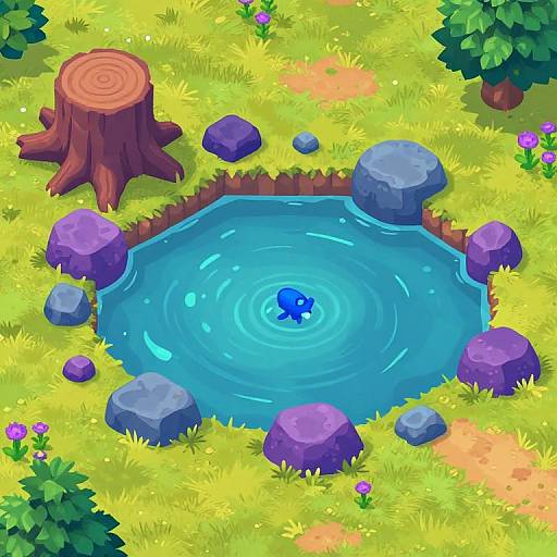 Digital drawing of a vibrant, grassy pond with a blue frog, surrounded by purple rocks, a tree stump, and colorful flowers.