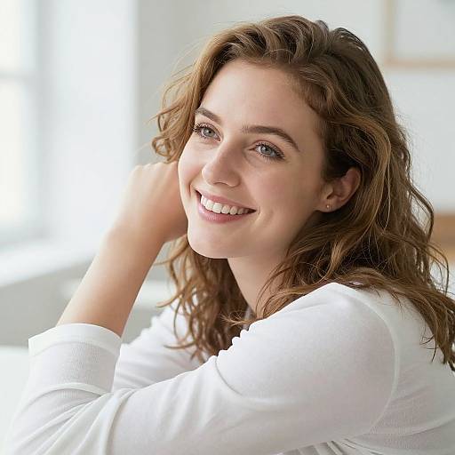 Photograph of a smiling young woman with wavy brown hair, light skin, and blue eyes, wearing a white long-sleeve shirt, against
