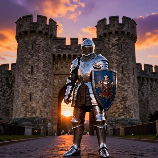 Photograph of a knight in shiny silver armor with a shield featuring a coat of arms, standing before a medieval stone castle at sunset.