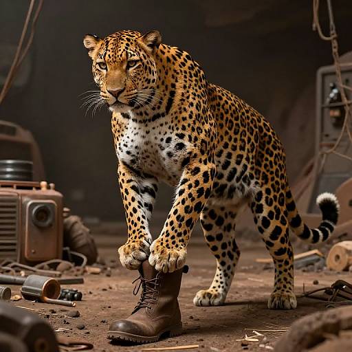 Photograph of a spotted leopard in a dimly lit, cluttered workshop, putting on a brown boot amidst scattered tools and machinery.