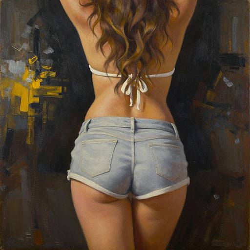 Photograph-style painting of a woman's back, long wavy brown hair, white bikini top, light blue denim shorts, against a dark abstract background