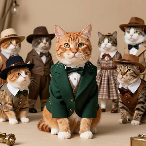 Photograph of six cats in vintage clothing: central orange tabby in green jacket and bowtie, surrounded by five others in various hats and suits.