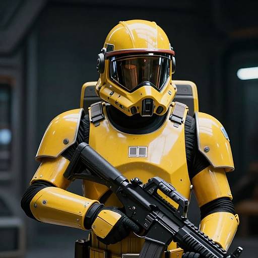 Photograph of a yellow armored soldier with a visor, holding a black assault rifle, standing in a dimly lit industrial background.