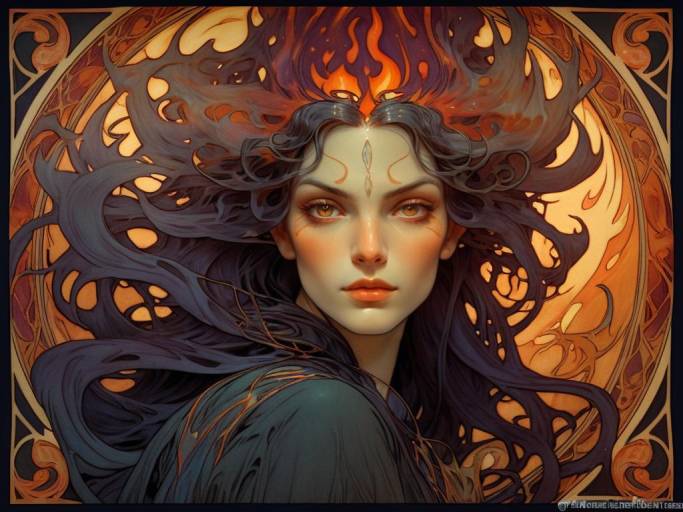 Art Nouveau Witch Portrait with Fire