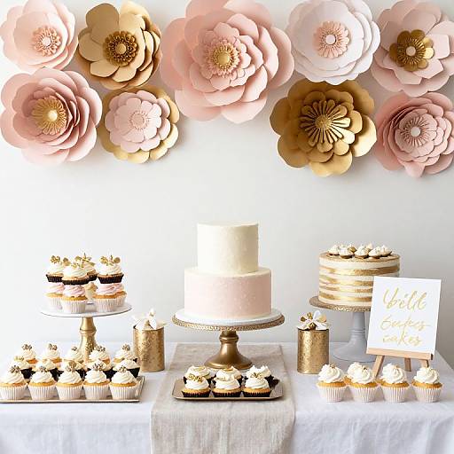 Photograph of a pastel-themed dessert table with pink and gold paper flowers, cupcakes, tiered cakes, gold candles, and a 