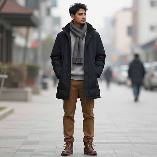 Photograph of a young man with short curly black hair, wearing a black coat, gray scarf, brown pants, and brown boots, standing on a