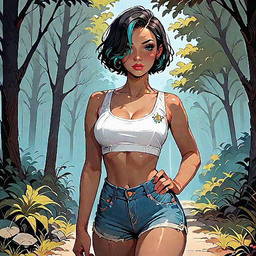 Woman in Cropped Tank Top and Denim Shorts in Forest