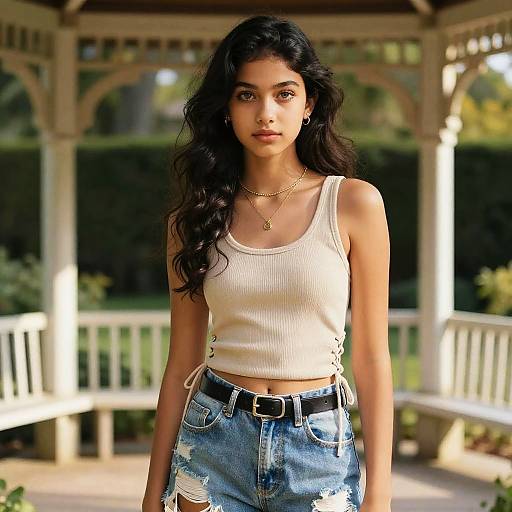 Photograph of a young woman with long black hair, wearing a white ribbed tank top and distressed blue jeans, standing in a sunlit, white