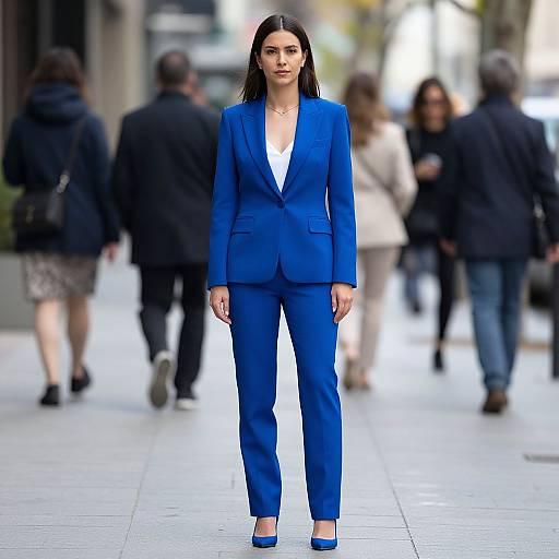 Photograph of a confident woman with long dark hair, wearing a bright blue blazer and pants, white blouse, and blue heels, standing in a