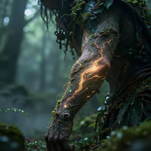 Photorealistic CGI of a moss-covered, lightning-illuminated tree branch in a misty, dense forest, with glowing orange lightning cracks against