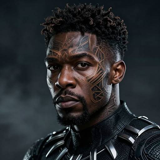 Photorealistic portrait of a muscular Black man with curly hair, geometric tribal face paint, and black armored clothing, gazing intensely. Dark, sm