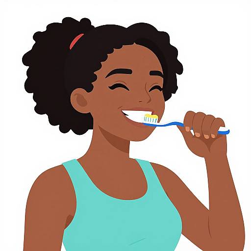 Digital illustration of a smiling dark-skinned woman with curly black hair, wearing a light blue tank top, brushing her teeth with a blue and white tooth