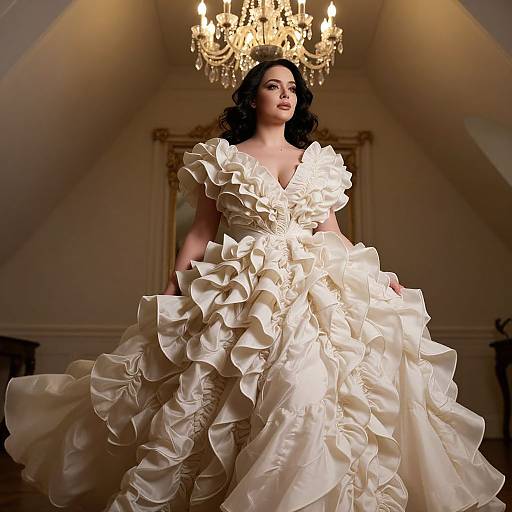 Photograph of a dark-haired woman in an elaborate, ruffled white wedding gown, standing beneath a glowing chandelier in an elegant room.