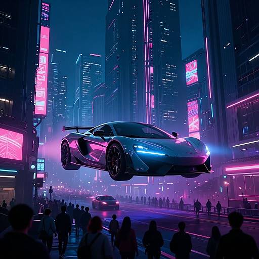 Neon-lit futuristic cityscape: Flying silver sports car with glowing blue and pink lights above crowds, surrounded by towering skyscrapers with vibrant digital