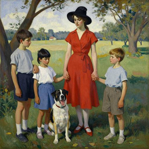 Painting of a woman in a red dress holding hands with three boys, standing with a black and white dog in a sunny park.