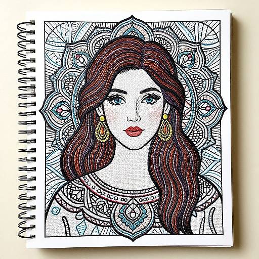 Detailed digital drawing of a woman with long red hair, blue eyes, red lips, ornate necklace, and earrings, surrounded by intricate patterns. Sketch