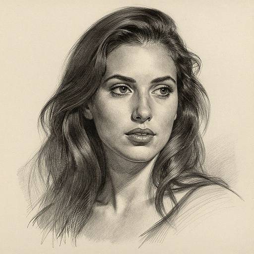 Black-and-white pencil drawing of a beautiful woman with wavy hair, full lips, and intense gaze, featuring detailed shading and realistic textures.