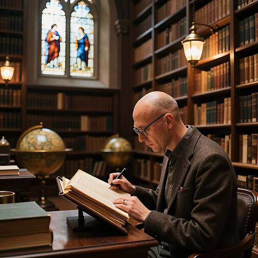 Bald Editor Proofreading Ancient Manuscript