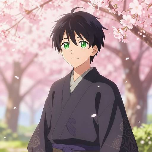 Anime-style digital drawing of a young boy with green eyes, black hair, and a black yukata, standing under cherry blossoms.