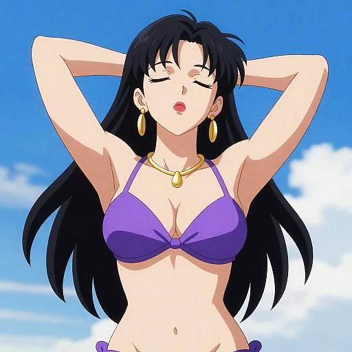 Anime Woman in Bikini Under Blue Sky