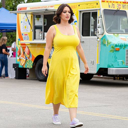 Pear-Shaped Woman at Vibrant Food Truck Rally