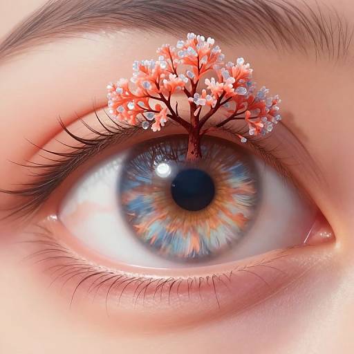 Close-up photograph of a blue-eyed person with a small, red cherry blossom tree growing on their eyelash, blending realism and fantasy.