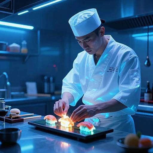 Cyberpunk Sushi Chef in Neon Kitchen