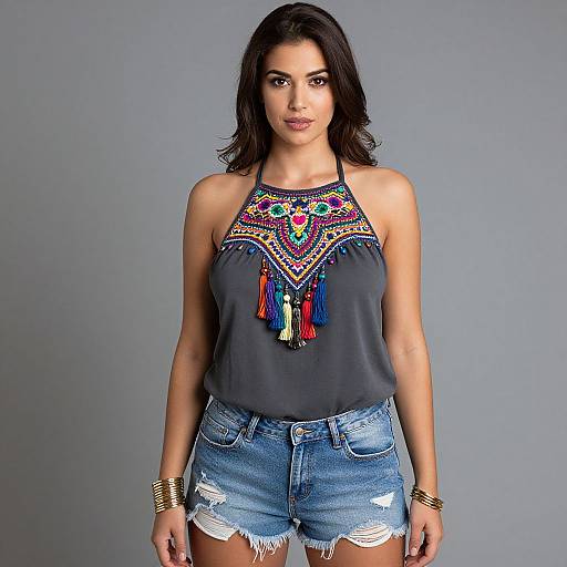 Photograph of a young woman with dark hair, wearing a colorful embroidered halter top and distressed denim shorts, against a gray background. She has gold