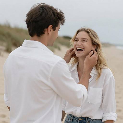 Romantic Beach Moment with Overcast Sky
