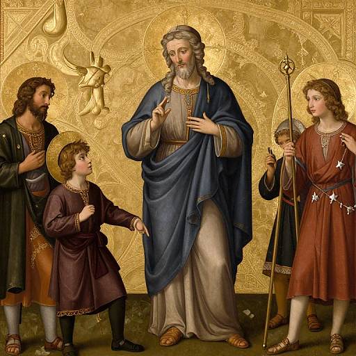 Digital painting of Jesus with beard, blue robe, surrounded by four angels and a child, gold haloed, ornate gold background.