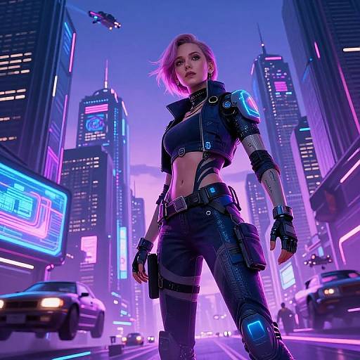 Cyberpunk cityscape at night, neon-lit skyscrapers, futuristic woman with pink hair in black leather outfit, glowing armor, standing confidently