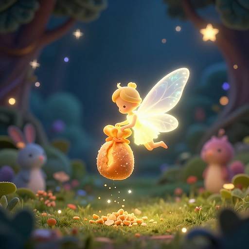 Digital CGI image of a glowing, orange fairy with translucent wings, carrying a glowing orange sack, amidst a whimsical, moonlit forest with blurred,