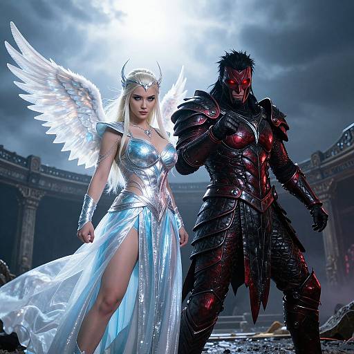Digital artwork of a radiant, winged angel woman in silver armor and a muscular, dark-armored demon standing under a stormy sky.