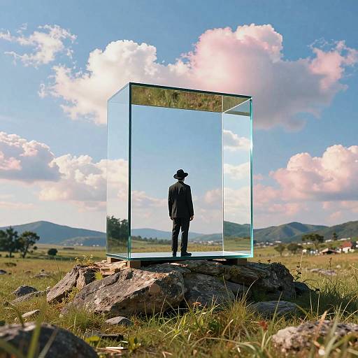 Surreal Glass Cube on Rocky Hill