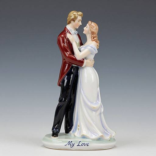 Photograph of a glossy ceramic couple statue; man in red jacket, black pants; woman in white dress, holding each other, grey background, 