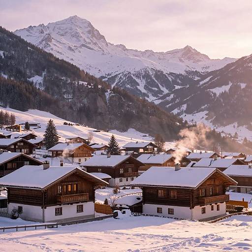 Photograph of a snowy Alpine village with wooden chalet-style houses, smoke rising from chimneys, and majestic snow-capped mountains in the background at