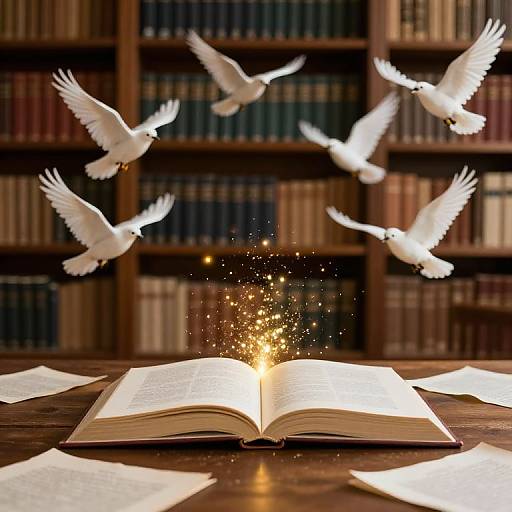 Photograph of an open book emitting golden sparks, surrounded by five white doves in mid-flight, in a library with wooden bookshelves in the