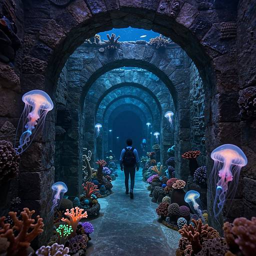 Photograph of a person standing in a blue-lit, underwater archway aquarium, surrounded by glowing jellyfish and colorful coral.