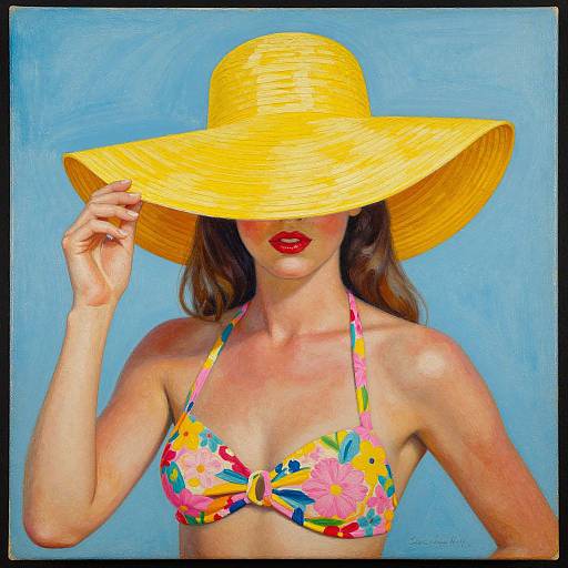 Photograph of a woman with fair skin, wearing a large yellow straw hat, colorful floral bikini, and bright red lipstick, against a blue background.