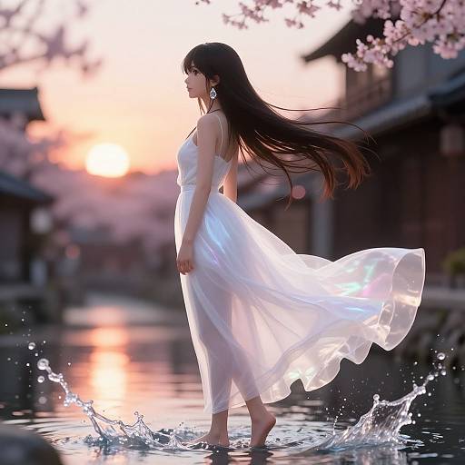 Anime-style digital art: Long-haired girl in flowing white dress wading through water at sunset, surrounded by cherry blossom trees.