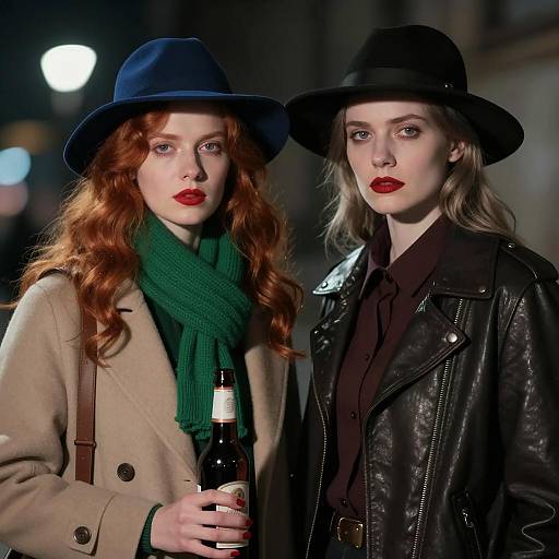 Two stylish women in dim light with hats and red lipstick