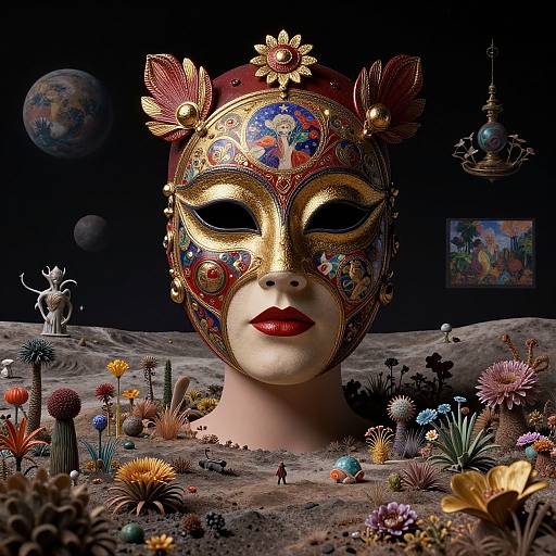 Digital art of a vibrant, ornate mask with gold, flower, and butterfly details, set on a surreal lunar landscape with colorful flora, planets,