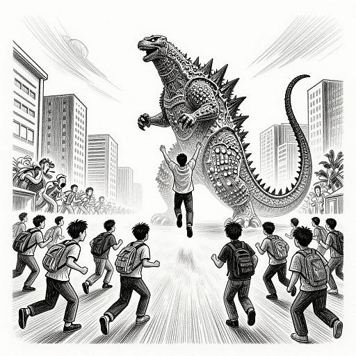 Black-and-white manga-style drawing of schoolchildren running from a giant, spiky, textured Godzilla in a cityscape with tall buildings.