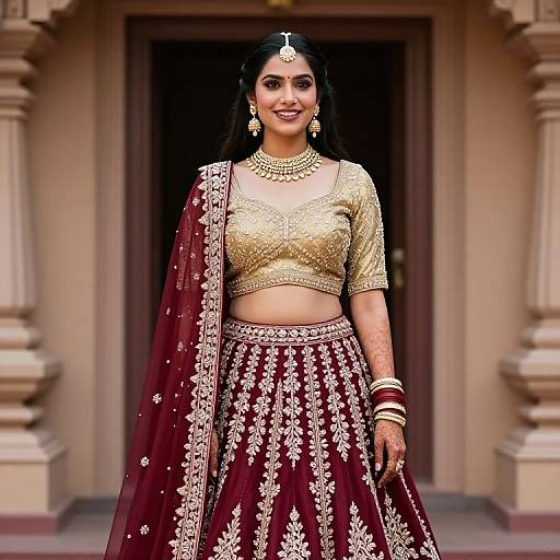 Indian woman in traditional maroon lehenga with gold embroidery, gold crop top, and jewelry, standing in front of a stone archway. Photographic