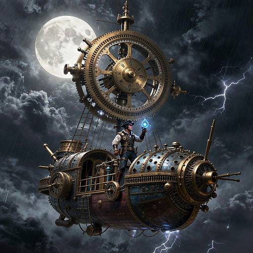 Digital artwork of a steampunk airship with a large gear and a person holding a glowing blue orb, flying under a full moon and lightning-filled
